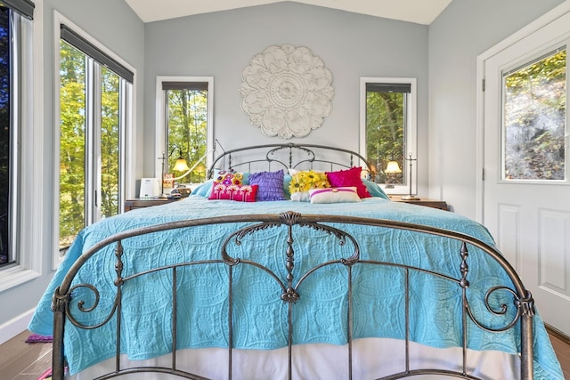 bedroom featuring vaulted ceiling, wood finished floors, and baseboards