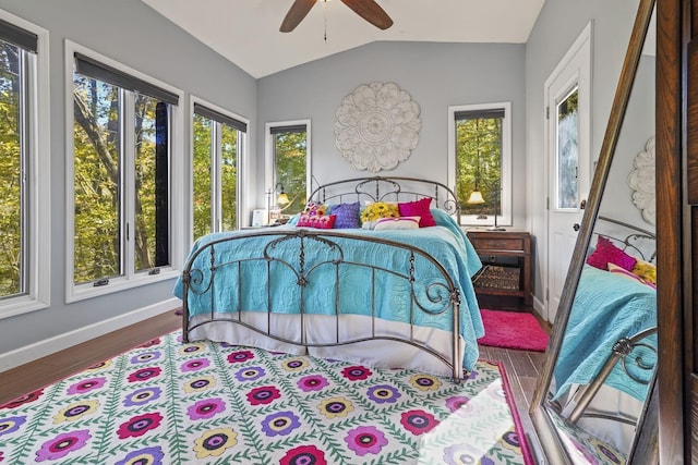 bedroom featuring wood finished floors, vaulted ceiling, baseboards, and multiple windows