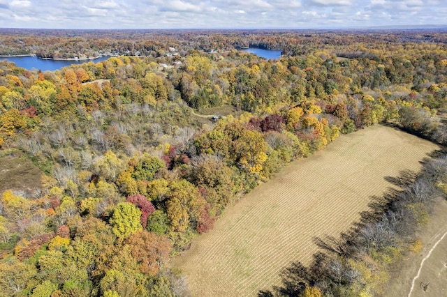 drone / aerial view featuring a forest view and a water view