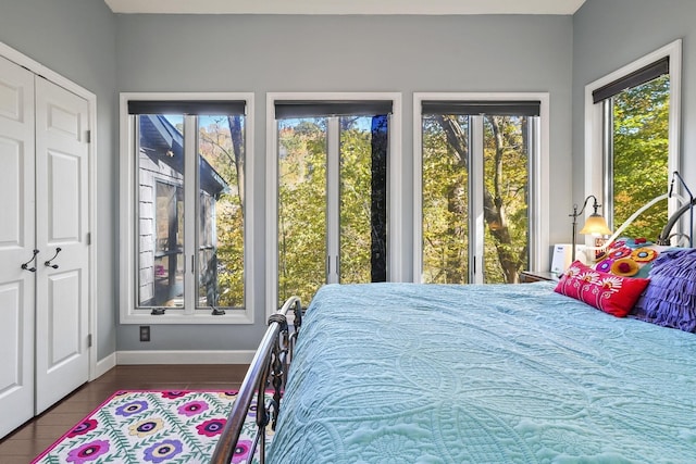 bedroom with wood finished floors, baseboards, and multiple windows