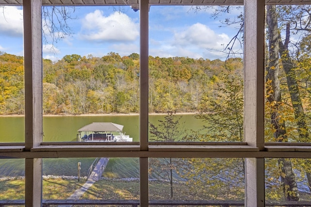 details with a wooded view and a water view