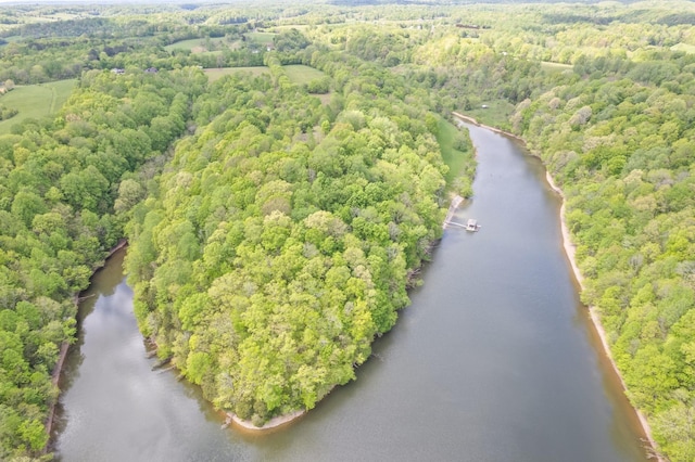 drone / aerial view with a water view and a wooded view