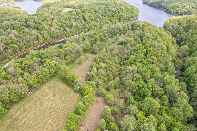 birds eye view of property featuring a forest view and a water view