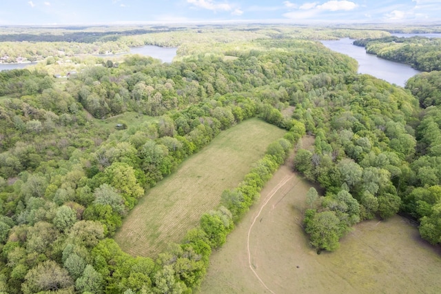 birds eye view of property featuring a wooded view and a water view
