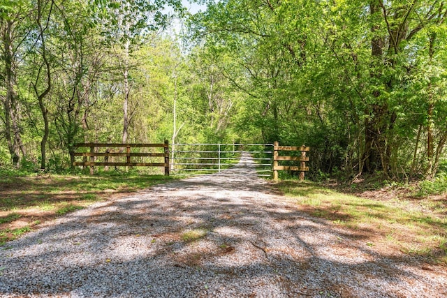 view of street with a view of trees and a gate