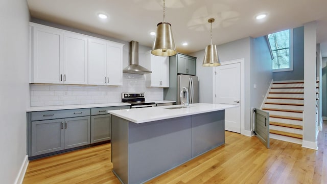 6412B Edsel Dr, Nashville, TN 37209 - kitchen featuring wall chimney range hood, stainless steel appliances, backsplash, baseboards, and recessed lighting