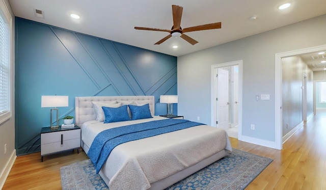 6412B Edsel Dr, Nashville, TN 37209 - bedroom featuring light wood-type flooring, baseboards, recessed lighting, a decorative wall, and a ceiling fan