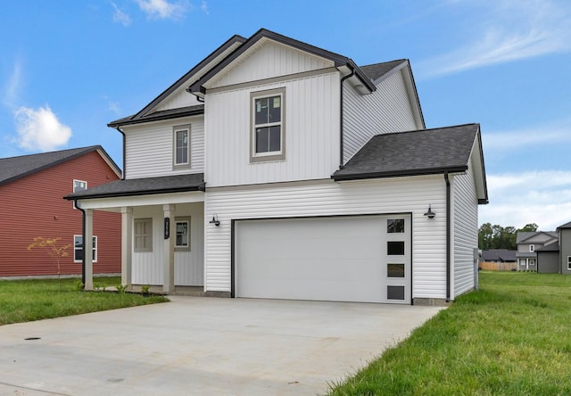 350 Galway Dr, Clarksville, TN 37042 - modern farmhouse featuring concrete driveway, a front yard, a garage, roof with shingles, and board and batten siding