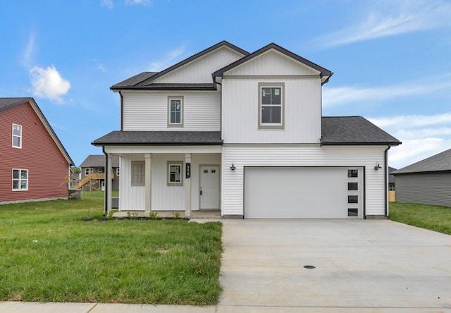 350 Galway Dr, Clarksville, TN 37042 - modern farmhouse style home with a porch, a front yard, concrete driveway, a shingled roof, and a garage