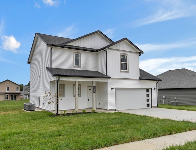 350 Galway Dr, Clarksville, TN 37042 - modern farmhouse featuring covered porch, driveway, a front yard, a garage, and central AC unit