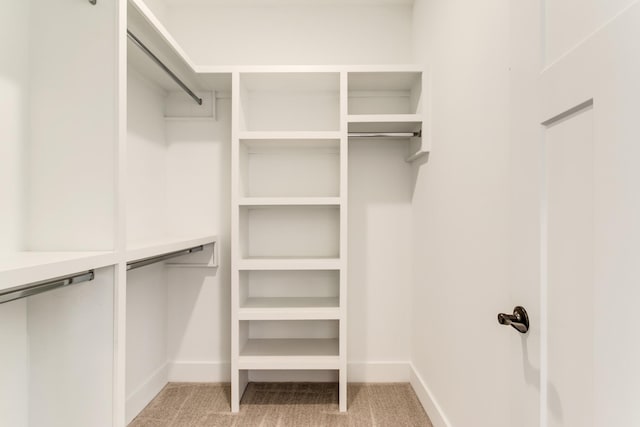 walk in closet featuring light carpet