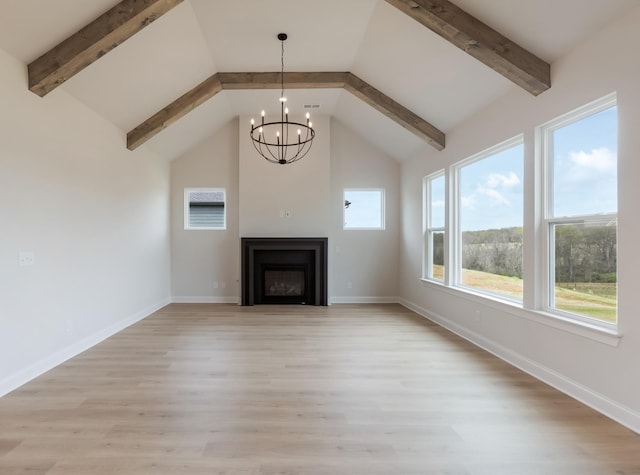 7408 Black Fox Dr, Fairview, TN 37062 - unfurnished living room featuring light wood-style floors, beam ceiling, a chandelier, and high vaulted ceiling