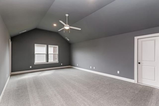 7408 Black Fox Dr, Fairview, TN 37062 - bonus room featuring ceiling fan, baseboards, lofted ceiling, carpet flooring, and visible vents