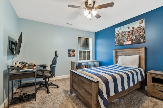 bedroom with carpet, visible vents, a ceiling fan, and baseboards