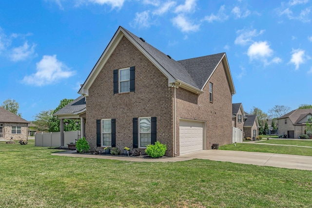 view of property exterior featuring brick siding, driveway, a garage, and a lawn