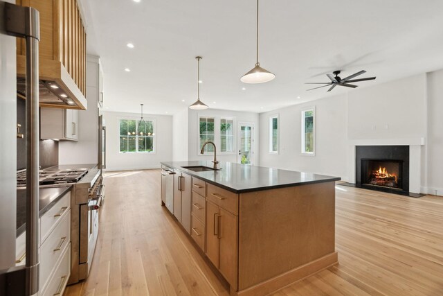 kitchen with dark countertops, light wood-style flooring, a sink, and a wealth of natural light