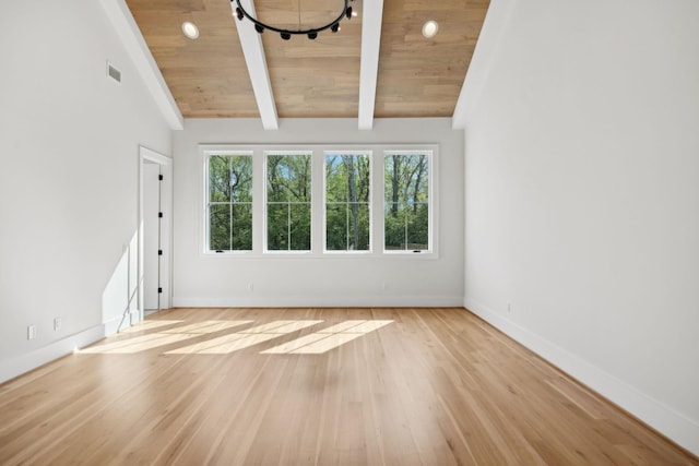 unfurnished living room featuring vaulted ceiling with beams, baseboards, visible vents, wood finished floors, and wooden ceiling