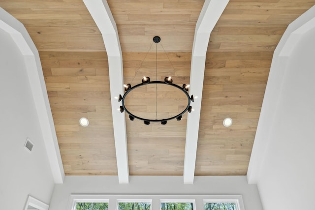 interior details with wood ceiling, visible vents, and beamed ceiling