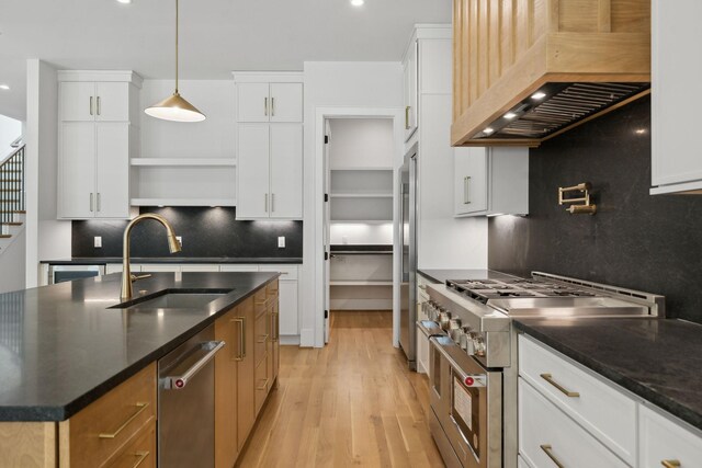 kitchen with decorative backsplash, a sink, appliances with stainless steel finishes, and premium range hood