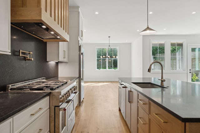 kitchen with a sink, premium appliances, light wood-style floors, backsplash, and custom range hood