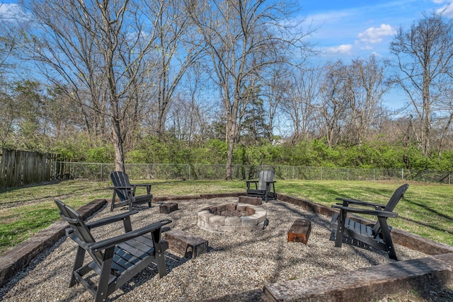 view of patio featuring a fenced backyard and an outdoor fire pit