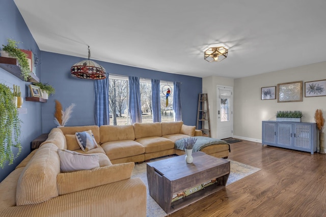 living area featuring baseboards and wood finished floors