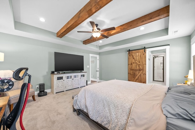237 Wade Hampton Ln, Clarksville, TN 37040 - carpeted bedroom with a barn door, beam ceiling, recessed lighting, baseboards, and visible vents