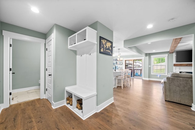 237 Wade Hampton Ln, Clarksville, TN 37040 - mudroom with baseboards, recessed lighting, wood finished floors, and a fireplace