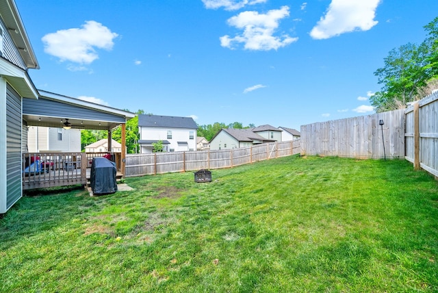 237 Wade Hampton Ln, Clarksville, TN 37040 - view of yard featuring a fenced backyard, ceiling fan, an outdoor fire pit, and a residential view