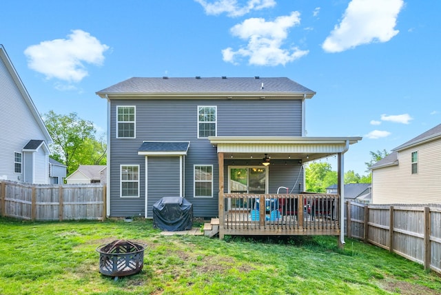 237 Wade Hampton Ln, Clarksville, TN 37040 - back of property with a fenced backyard, ceiling fan, a lawn, and an outdoor fire pit