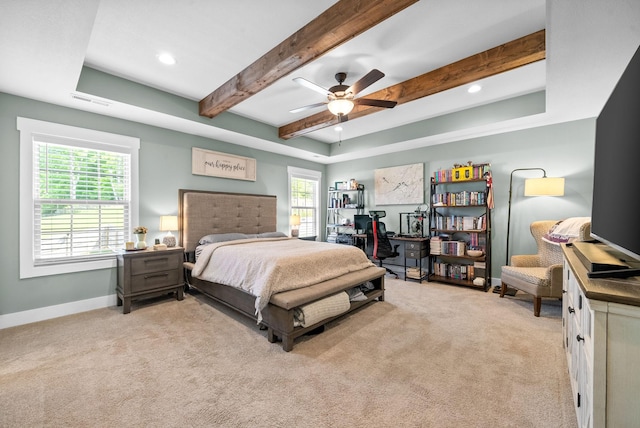 237 Wade Hampton Ln, Clarksville, TN 37040 - bedroom with visible vents, beamed ceiling, baseboards, light colored carpet, and recessed lighting
