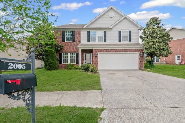 view of front of home featuring concrete driveway, an attached garage, brick siding, and a front yard