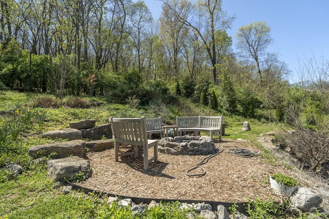 view of yard with a fire pit
