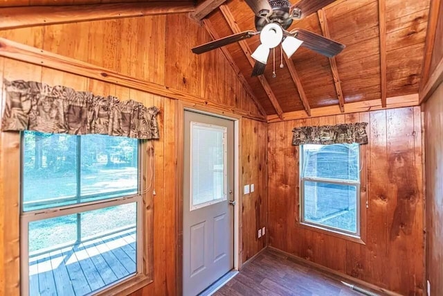 5755 Railroad St, Williston, TN 38076 - entryway with wood walls, wood finished floors, wood ceiling, and ceiling fan