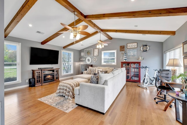 1803 W Lori Lee Dr, Gallatin, TN 37066 - living room featuring a wealth of natural light, a ceiling fan, vaulted ceiling with beams, and visible vents