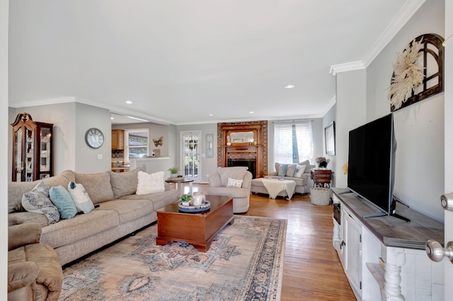 1803 W Lori Lee Dr, Gallatin, TN 37066 - living area featuring a brick fireplace, recessed lighting, light wood-style floors, and crown molding