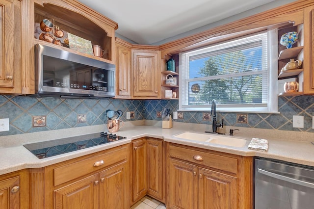 1803 W Lori Lee Dr, Gallatin, TN 37066 - kitchen featuring a sink, backsplash, open shelves, light countertops, and appliances with stainless steel finishes