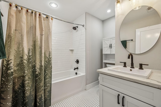 bathroom featuring vanity, shower / bath combo, tile patterned floors, and recessed lighting