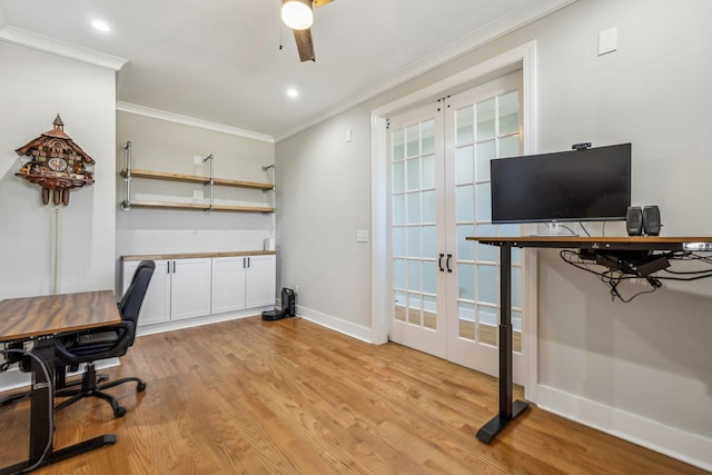 office space with french doors, crown molding, light wood-type flooring, baseboards, and ceiling fan