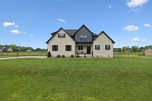 modern farmhouse with board and batten siding and brick siding