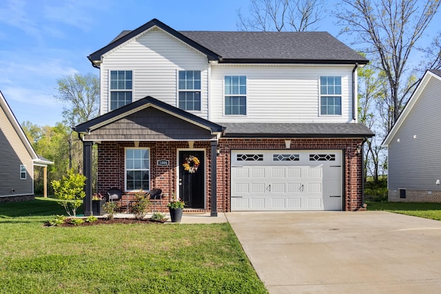 traditional-style house with concrete driveway, a shingled roof, an attached garage, a front yard, and brick siding
