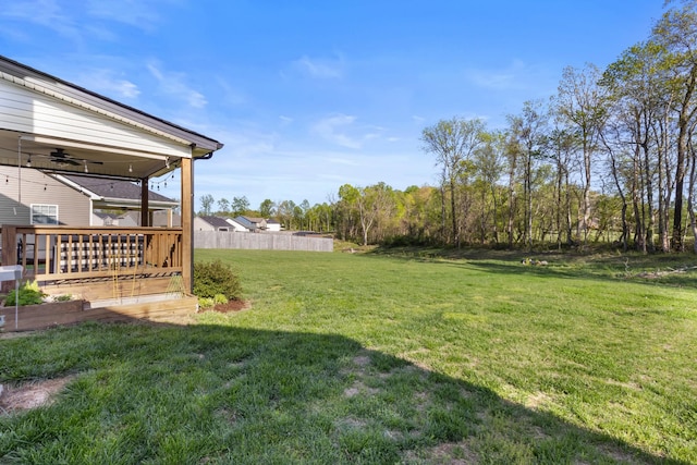 view of yard featuring fence and ceiling fan