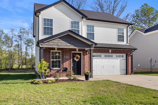 view of front of home with driveway, an attached garage, a porch, a front yard, and brick siding