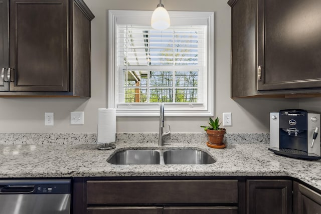 kitchen with dark brown cabinets, stainless steel dishwasher, and a sink