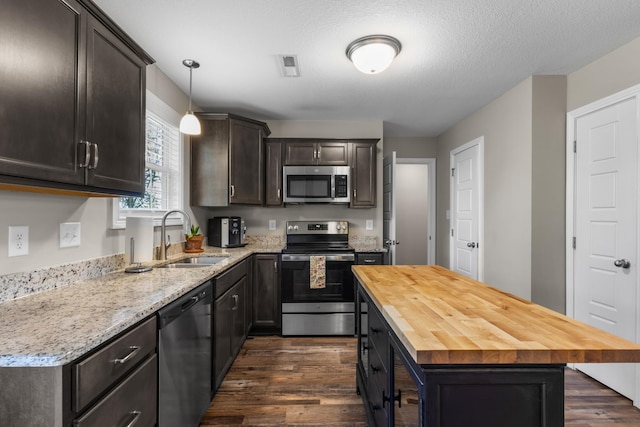 kitchen featuring dark wood finished floors, appliances with stainless steel finishes, butcher block counters, and a sink
