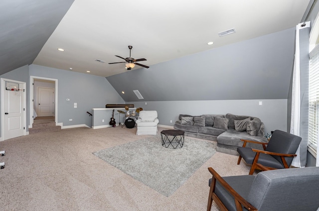carpeted living room with baseboards, visible vents, recessed lighting, lofted ceiling, and a ceiling fan