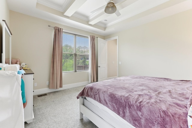 bedroom with a ceiling fan, crown molding, beamed ceiling, carpet, and visible vents