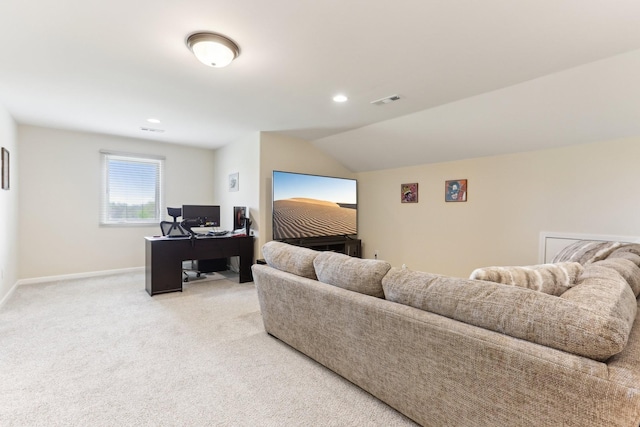 living room with visible vents, baseboards, recessed lighting, light colored carpet, and lofted ceiling