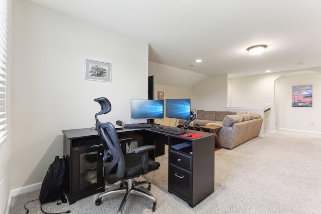 office featuring recessed lighting, carpet floors, lofted ceiling, and baseboards