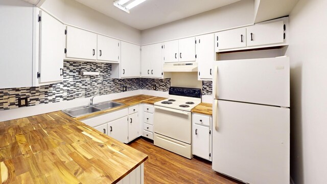 900 Mountain Creek Rd Unit G87, Chattanooga, TN 37405 - kitchen with white cabinets, a sink, backsplash, white appliances, and under cabinet range hood